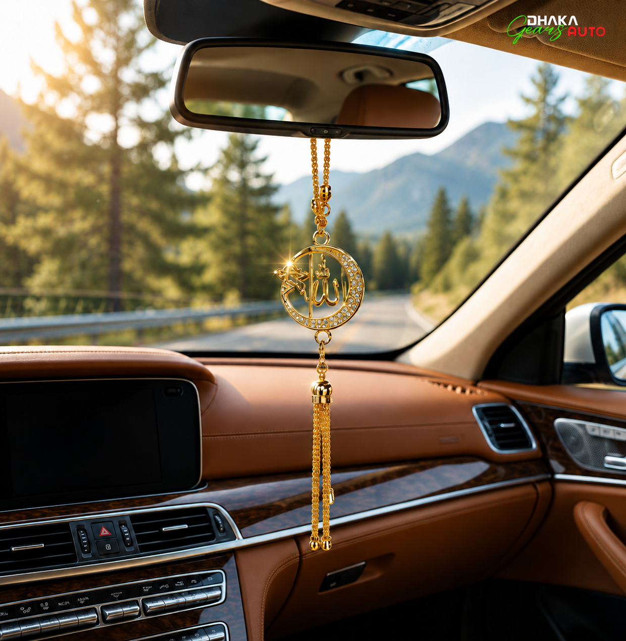 Golden Allah Calligraphy Car Hanging Ornament – Islamic Rearview Mirror Decor with Tassel