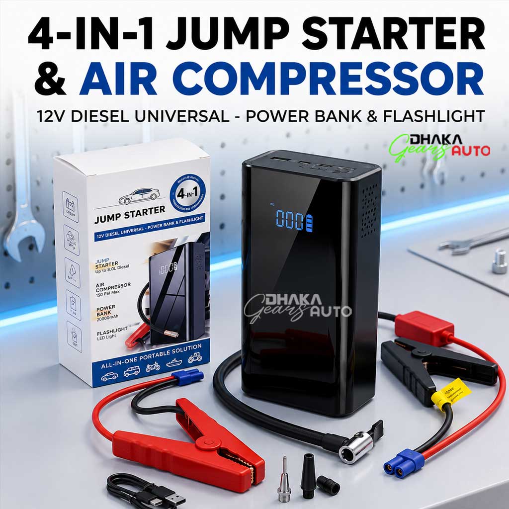 4-in-1 Car Jump Starter – High-Power Air Pump, USB Power Bank & LED Safety Light | Ultimate Emergency Kit for Cars & SUVs